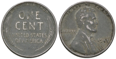 США 1 цент 1943 Авраам Линкольн KM 132 a сталь покрытая цинком 214-429