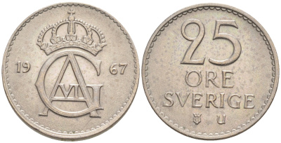 Швеция 25 эре 1967 Густав VI Адольф (1950-1973) KM 836 медно-никель UNC 187-837