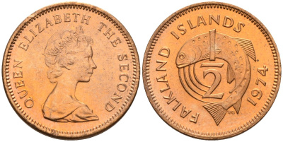 Фолклендские острова 1/2 пенни 1974 Елизавета II (1952-2022), лосось KM 1 бронза 4154-124