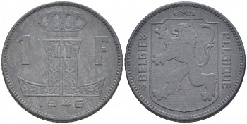 БЕЛЬГИЯ 1 ФРАНК 1946 BELGIE-BELGIQUE, ГЕРМАНСКАЯ ОККУПАЦИЯ, ВТОРАЯ МИРОВАЯ ВОЙНА KM 128 цинк 213-912