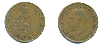 Великобритания 1 пенни 1930 Георг V (1910-1936) КМ 838, Spink 4055 бронза 4383-641