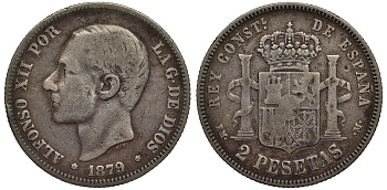 Испания 2 песеты 1879 АЛЬФОНСО XII (1874-1885) KM 678 (Y-C76) серебро 1521-231