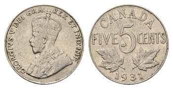 Канада 5 центов 1931 Георг V (1910-1936) KM 29 никель 4651-365