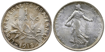 Франция 1 франк 1918 сеятель KM 844.1, Le Franc 217.24 серебро UNC 259-653