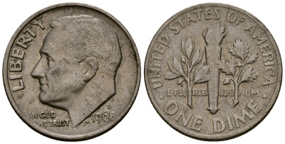 США 10 центов (дайм) 1968 Рузвельт KM 195a медь плакированная медно-никелем 4164-944