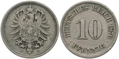Германия 10 пфеннигов 1876 J, старогербовка KM 4, Jager 4, Weege 7 медно-никель 4171-236