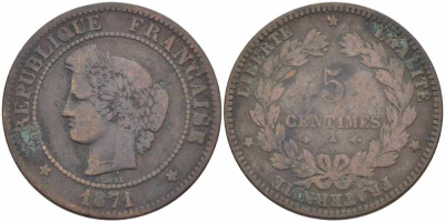 ФРАНЦИЯ 5 САНТИМОВ 1871 А, ТРЕТЬЯ РЕСПУБЛИКА (1871-1940) KM 821.1, LE FRANC 118.2 бронза 108-712