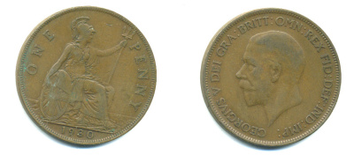 Великобритания 1 пенни 1930 Георг V (1910-1936) КМ 838, Spink 4055 бронза 4383-641