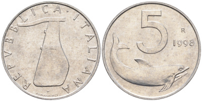 Италия 5 лир 1998 R, дельфин KM 92 алюминий  UNC  4594-934