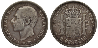 Испания 2 песеты 1879 АЛЬФОНСО XII (1874-1885) KM 678 (Y-C76) серебро 1521-231