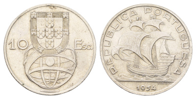 Португалия 10 эскудо 1954 KM 586 серебро aUNC 1518-615