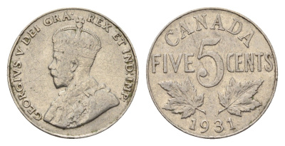 Канада 5 центов 1931 Георг V (1910-1936) KM 29 никель 4651-365