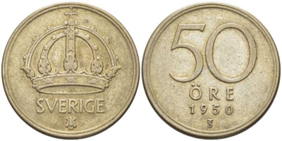 Швеция 50 эре 1950 TS, Густав V (1907-1950) KM 817 серебро 119-1057