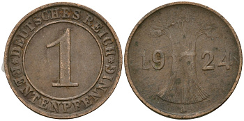 Германия 1 рентенпфенниг 1924 A KM 30, J. 306 бронза 4608-311