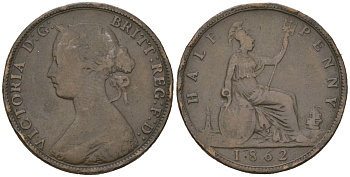 Великобритания 1/2 пенни 1862 Виктория (1837-1901) KM 748.2, Spink 3956 бронза 92-1146