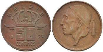 Бельгия 50 сантимов 1967 Belgie, Бодуэн I (1951-1993) KM 149.1 бронза 3458-113