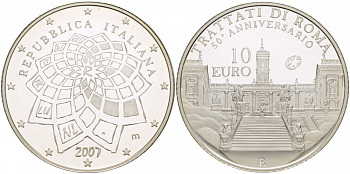 Италия 10 евро 2007 50 лет Римскому договору KM 295 серебро PROOF 01-162-43