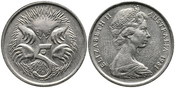 Австралия 5 центов 1981 Елизавета II (1952-2022), ехидна KM 64 медно-никель 4549-712