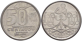БРАЗИЛИЯ 50 СЕНТАВО 1990 РЕФОРМА 1989-1990 KM 614 нержавеющая сталь 116-1262