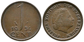 Нидерланды 1 цент 1954 Юлиана (1949-1980) KM 180 бронза 75-1421