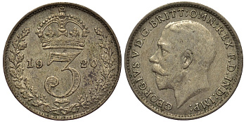 Великобритания 3 пенса 1920 Георг V (1910-1936), пограничный год KM 813 или 813a, Spink 4015 или 4026 серебро 4528-519