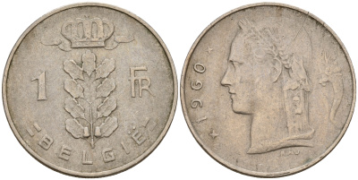 Бельгия 1 франк 1960 Belgie, Бодуэн I (1951-1993) KM 143.1 медно-никель    4187-134