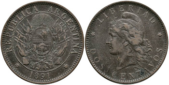 Аргентина 2 сентаво 1891 голова свободы влево KM 8 бронза 4531-1042