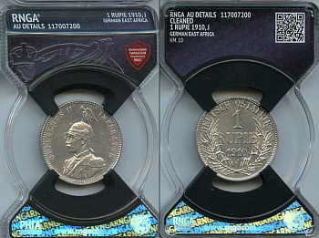 Немецкая Восточная Африка (Танзания) 1 рупия 1910 J, Ost-Africa, Вильгельм II (1888-1918), в слабе RNGA AU DETAILS Jaeger 722, KM 10 серебро    15-011-04