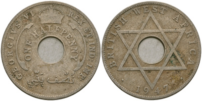 Британская Западная Африка 1/2 пенни 1947 H, Георг VI KM 18 медно-никель 25-1223