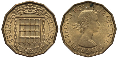 Великобритания 3 пенса 1967 Елизавета II (1952-2022) KM 900, Spink 4153 никель латунь 4538-1137