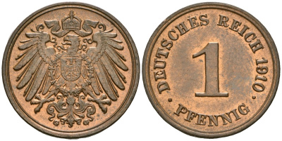 Германия 1 пфенниг 1910 G, Вильгельм II (1888-1918) KM 10, J. 10 медь aUNC 1525-542