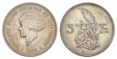 Люксембург 5 франков 1929 Шарлотта (1918-1964) KM 38 серебро 34-955