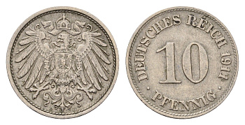 Германия 10 пфеннигов 1911 D, Вильгельм II (1888-1918) KM 12, J. 13 медно-никель 4636-927