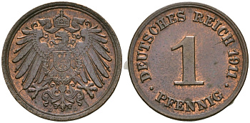 Германия 1 пфенниг 1911 D, Вильгельм II (1888-1918) KM 10, J. 10 медь 4608-612