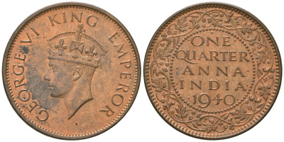 Британская Индия 1/4 анны 1940 . (Точка) - бомбей, Георг VI (1936-1952) KM 530 бронза aUNC 108-1114