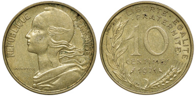 ФРАНЦИЯ 10 САНТИМОВ 1971 ТИП MARIANNE KM 929 медь алюминий никель 72-631