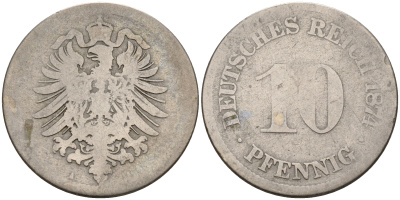 Германия 10 пфеннигов 1874 A, старогербовка KM 4,  J. 4 медно-никель    4153-515
