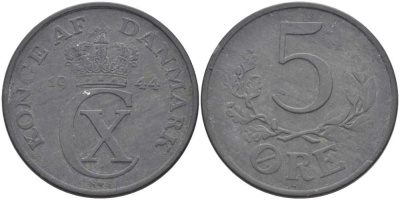 Дания 5 эре 1944 N; S, Кристиан X (1912-1947) KM 834а цинк 38-411