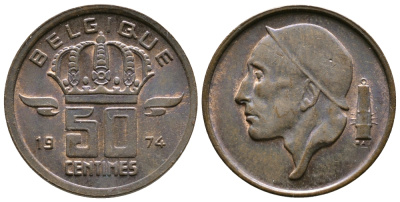 БЕЛЬГИЯ 50 САНТИМОВ 1974 BELGIQUE KM 148.1 бронза 4383-1157