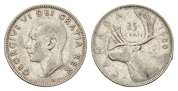 Канада 25 центов 1950 Георг VI (1936-1952), олень KM 44 серебро 4678-1132