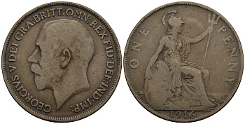Великобритания 1 пенни 1916 Георг V (1910-1936) КМ 810, Spink 4051 бронза 177-444