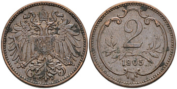 Австрия 2 геллера 1905 Франц Иосиф (1846-1918) KM 2801 бронза 4567-644