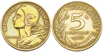 ФРАНЦИЯ 5 САНТИМОВ 1966 ТИП MARIANNE KM 933, LE FRANC 125.2 алюминиевая бронза 112-827