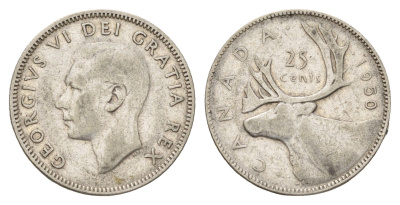 Канада 25 центов 1950 Георг VI (1936-1952), олень KM 44 серебро 4678-1132