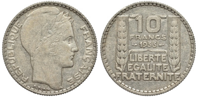 Франция 10 франков 1933 Пьер Тюрен KM 878, Le Franc 360.6 серебро 189-716