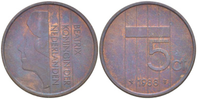 НИДЕРЛАНДЫ 5 ЦЕНТОВ 1988 БЕАТРИКС KM 202 бронза 210-1227