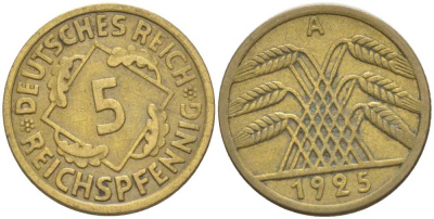 Германия 5 рейхспфеннигов 1925 A KM 39, J. 316, Weege 7 алюминиевая бронза 206-767