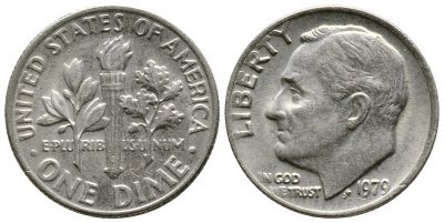 США 10 ЦЕНТОВ = 1 ДАЙМ 1979 РУЗВЕЛЬТ KM 195а медь плакированная медно-никелем 73-1768