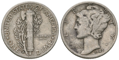 США 10 центов (дайм) 1942 D KM 140 серебро 3334-1254