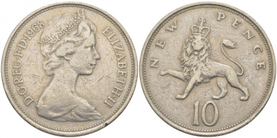 Великобритания 10 пенсов 1968 Елизавета II (1952-2022) KM 912, Spink 4231 (F1) медно-никель 114-1122